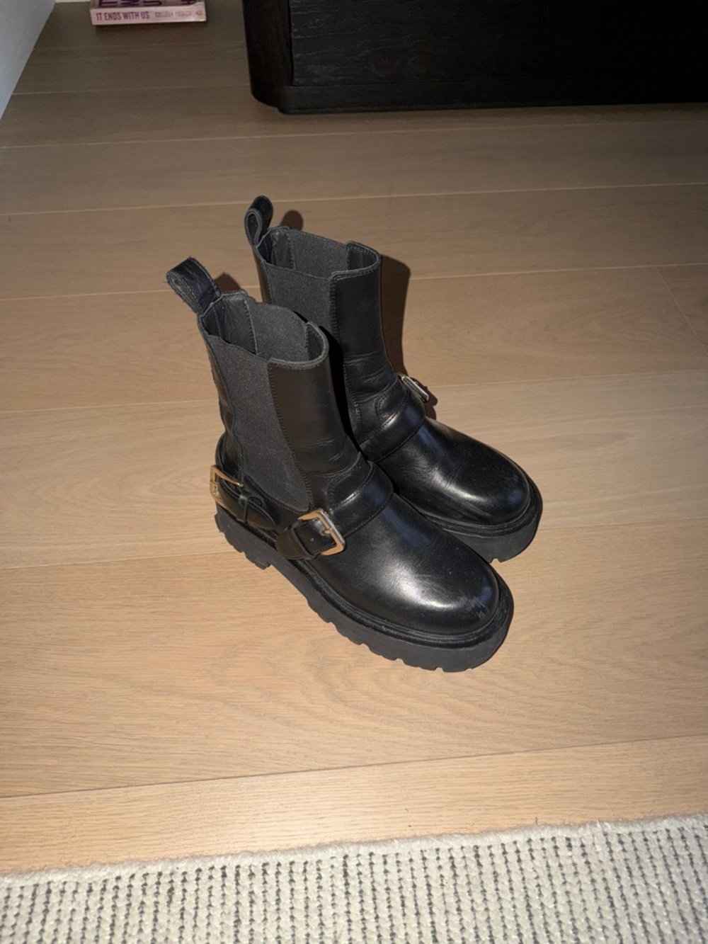 Sandro Black Leather Chelsea Boots with Buckle